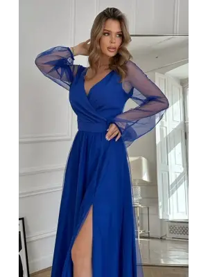 Kadın Uzun Kollu Kruvaze Yakalı Belden Kuşaklı Tüllü Uzun Ithal Krep Elbise