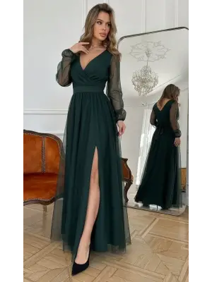 Kadın Uzun Kollu Kruvaze Yakalı Belden Kuşaklı Tüllü Uzun Ithal Krep Elbise