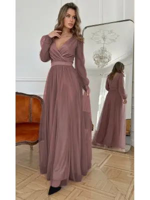 Kadın Uzun Kollu Kruvaze Yakalı Belden Kuşaklı Tüllü Uzun Ithal Krep Elbise