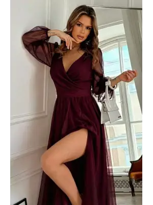 Kadın Uzun Kollu Kruvaze Yakalı Belden Kuşaklı Tüllü Uzun Ithal Krep Elbise