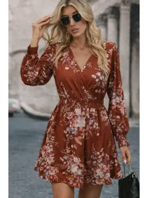 Kadın Uzun Kollu Kruvaze Yakalı çiçek Desenli Mini Süprem Elbise