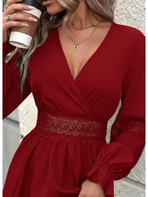 Kadın Uzun Kollu Kruvaze Yakalı Dantelli Fermuar Detaylı Mini Ithal Krep Elbise