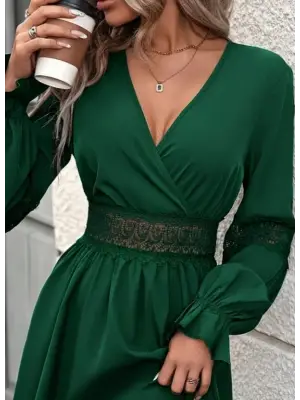 Kadın Uzun Kollu Kruvaze Yakalı Dantelli Fermuar Detaylı Mini Ithal Krep Elbise