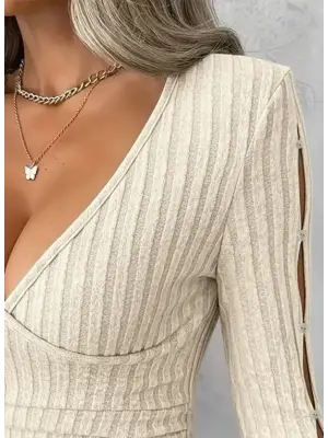 Kadın Uzun Kollu Kruvaze Yakalı Incili şardonlu Kaşkorse Bluz