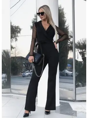 Kadın Uzun Kollu Kruvaze Yakalı Kolları Tül Detay Beli Kuşaklı Ithal Krep Tulum