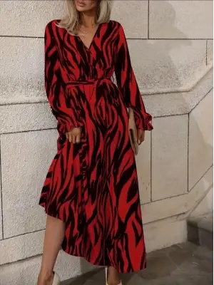 Kadın Uzun Kollu Kruvaze Yakalı Kuşaklı Zebra Desenli Süprem Maxi Elbise