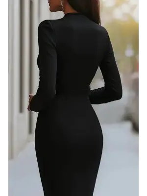 Kadın Uzun Kollu Kruvaze Yakalı Mini Ithal Krep Elbise