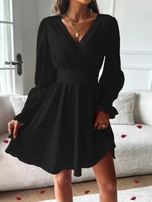 Kadın Uzun Kollu Kruvaze Yakalı Mini Sandy Elbise