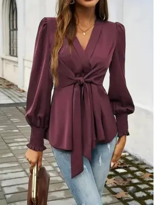 Kadın Uzun Kollu Kruvaze Yakalı önden Bağlamalı Ithal Krep Bluz