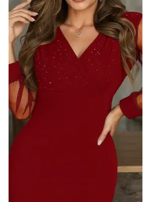 Kadın Uzun Kollu Kruvaze Yakalı Taşlı Mini Ithal Krep Elbise