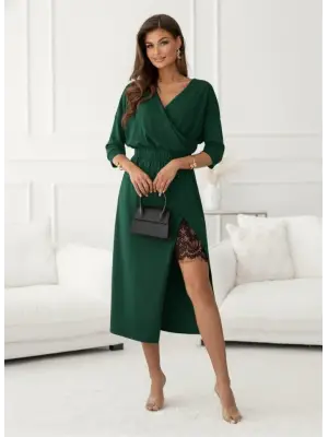 Yandan Dantelli Midi İthal Krep Elbise