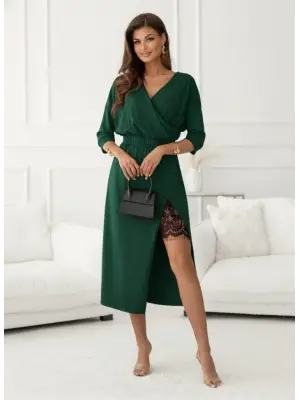 Kadın Uzun Kollu Kruvaze Yakalı Yandan Dantelli Midi Ithal Krep Elbise