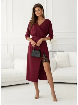 Kadın Uzun Kollu Kruvaze Yakalı Yandan Dantelli Midi Ithal Krep Elbise