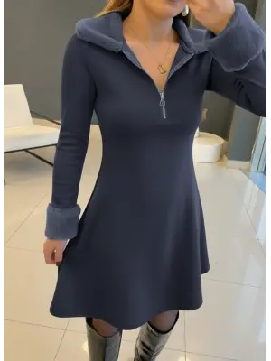 Kadın Uzun Kollu Kürk Yakalı Fermuarlı Mini Viskon Iki Iplik Elbise