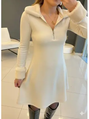 Kadın Uzun Kollu Kürk Yakalı Fermuarlı Mini Viskon Iki Iplik Elbise