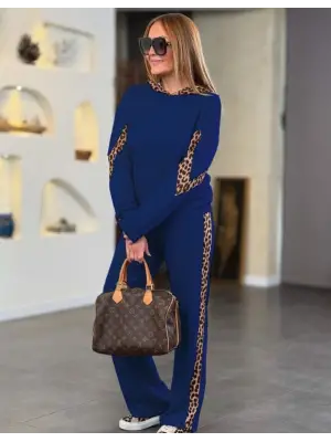 Kadın Uzun Kollu Leopar Detaylı Viskon Eşofman Takımı