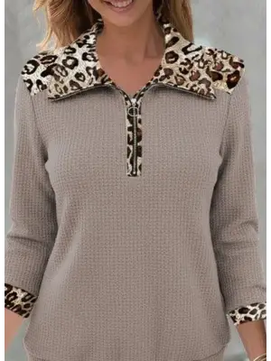 Kadın Uzun Kollu Leopar Yakalı Fermuarlı Waffle Bluz
