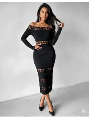 Kadın Uzun Kollu Madonna Dantel Yaka Yırtmaçlı Midi Dalgıç Elbise