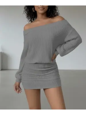 Kadın Uzun Kollu Madonna Yaka Yanlardan Büzgülü şardonlu Kaşkorse Mini Elbise