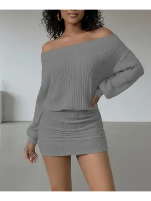 Kadın Uzun Kollu Madonna Yaka Yanlardan Büzgülü şardonlu Kaşkorse Mini Elbise