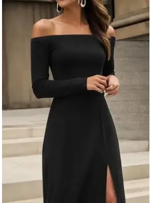 Kadın Uzun Kollu Madonna Yakalı Yırtmaç Detaylı Uzun Ithal Krep Elbise