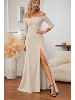 Kadın Uzun Kollu Madonna Yakalı Yırtmaç Detaylı Uzun Ithal Krep Elbise