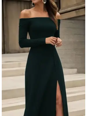 Kadın Uzun Kollu Madonna Yakalı Yırtmaç Detaylı Uzun Ithal Krep Elbise