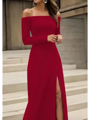 Kadın Uzun Kollu Madonna Yakalı Yırtmaç Detaylı Uzun Ithal Krep Elbise