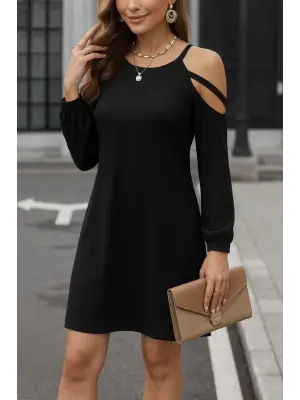 Kadın Uzun Kollu Omuz Açık Askı Detay Viskon Mini Boy Elbise