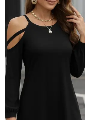 Kadın Uzun Kollu Omuz Açık Askı Detay Viskon Mini Boy Elbise