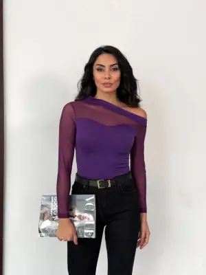 Kadın Uzun Kollu Omuz Dekoltesi Ve Transparan Tül Detay Bluz