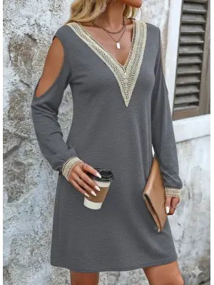 Kadın Uzun Kollu Omuzdan Açık V Dantel Yakalı Mini Waffle Elbise