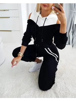 Kadın Uzun Kollu Omuzlardan Açık Kapşonlu Bağcıklı çift Renkli Viskon Iki Iplik Bluz Ve Pantolon Ikili Takım