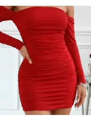 Kadın Uzun Kollu Omuzlardan Açık Takma Kollu Büzgülü Sandy Kısa Elbise