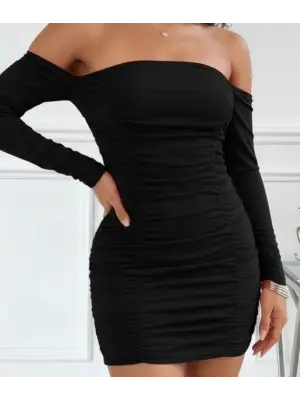 Kadın Uzun Kollu Omuzlardan Açık Takma Kollu Büzgülü Sandy Kısa Elbise