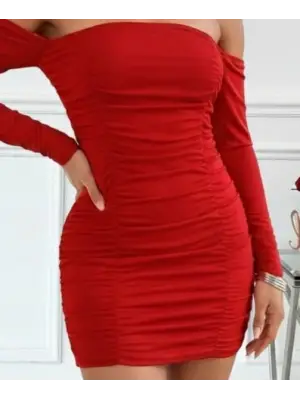 Kadın Uzun Kollu Omuzlardan Açık Takma Kollu Büzgülü Sandy Kısa Elbise