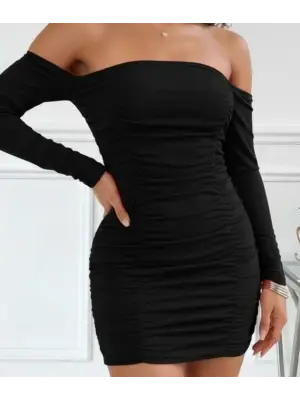 Kadın Uzun Kollu Omuzlardan Açık Takma Kollu Büzgülü Sandy Kısa Elbise