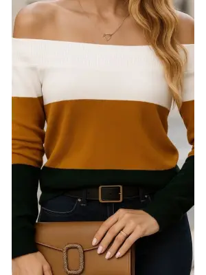 Kadın Uzun Kollu Omuzlardan Açık Uzun Kollu Blok çizgili Triko Bluz