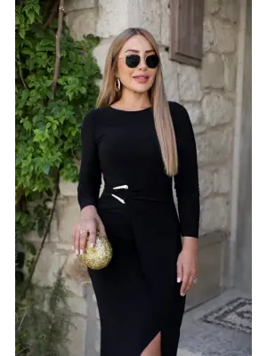 Kadın Uzun Kollu önden çapraz Detaylı Yandan Toka Detaylı Uzun Sandy Elbise