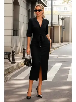 Kadın Uzun Kollu önden Düğmeli Beli Kuşaklı Aerobin Midi Elbise