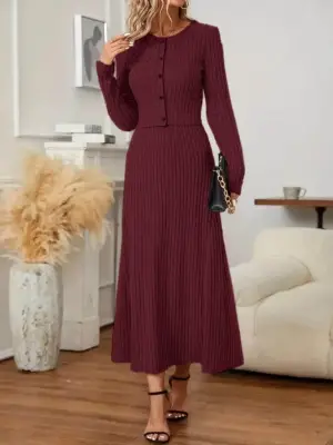 Kadın Uzun Kollu önden Düğmeli Bluz Ve Yüksek Bel A Kesim Uzun Etek şardonlu Kaşkorse Ikili Takım