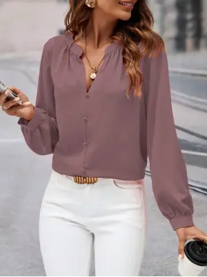 Kadın Uzun Kollu önden Düğmeli Hakim Yaka Ithal Krep Bluz