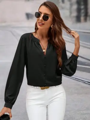 Kadın Uzun Kollu önden Düğmeli Hakim Yaka Ithal Krep Bluz