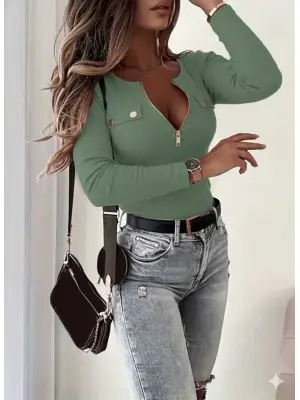 Kadın Uzun Kollu önden Fermuar Ve Cepli Kaşkorse Bluz