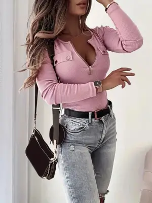 Kadın Uzun Kollu önden Fermuar Ve Cepli Kaşkorse Bluz