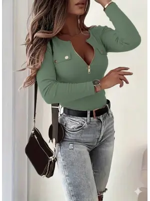 Kadın Uzun Kollu önden Fermuar Ve Cepli Kaşkorse Bluz