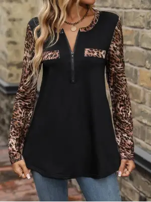 Kadın Uzun Kollu önden Fermuarlı Cepli Leopar Detaylı Viskon