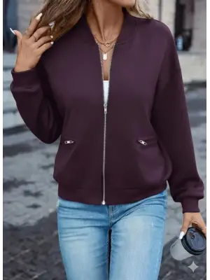 Kadın Uzun Kollu önden Fermuarlı Cepli Modal Mürdüm Ceket