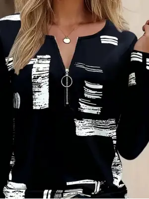 Kadın Uzun Kollu önden Fermuarlı Geometrik Desenli Süprem Bluz