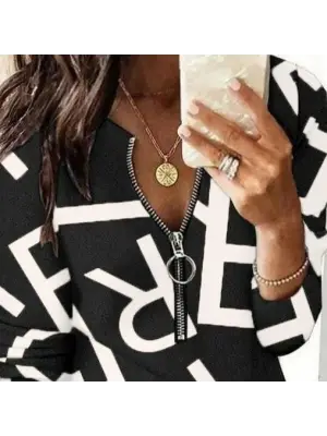 Kadın Uzun Kollu önden Fermuarlı Harf Baskılı şardonlu Dalgıç Bluz